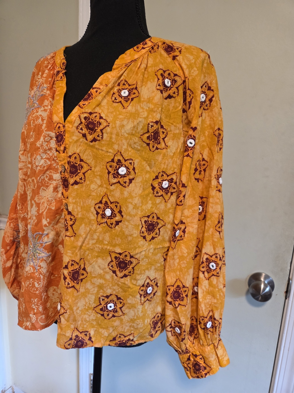 Zara Orange and Golden-Yellow Patchwork Button-Front Blouse - Picture 3 of 6